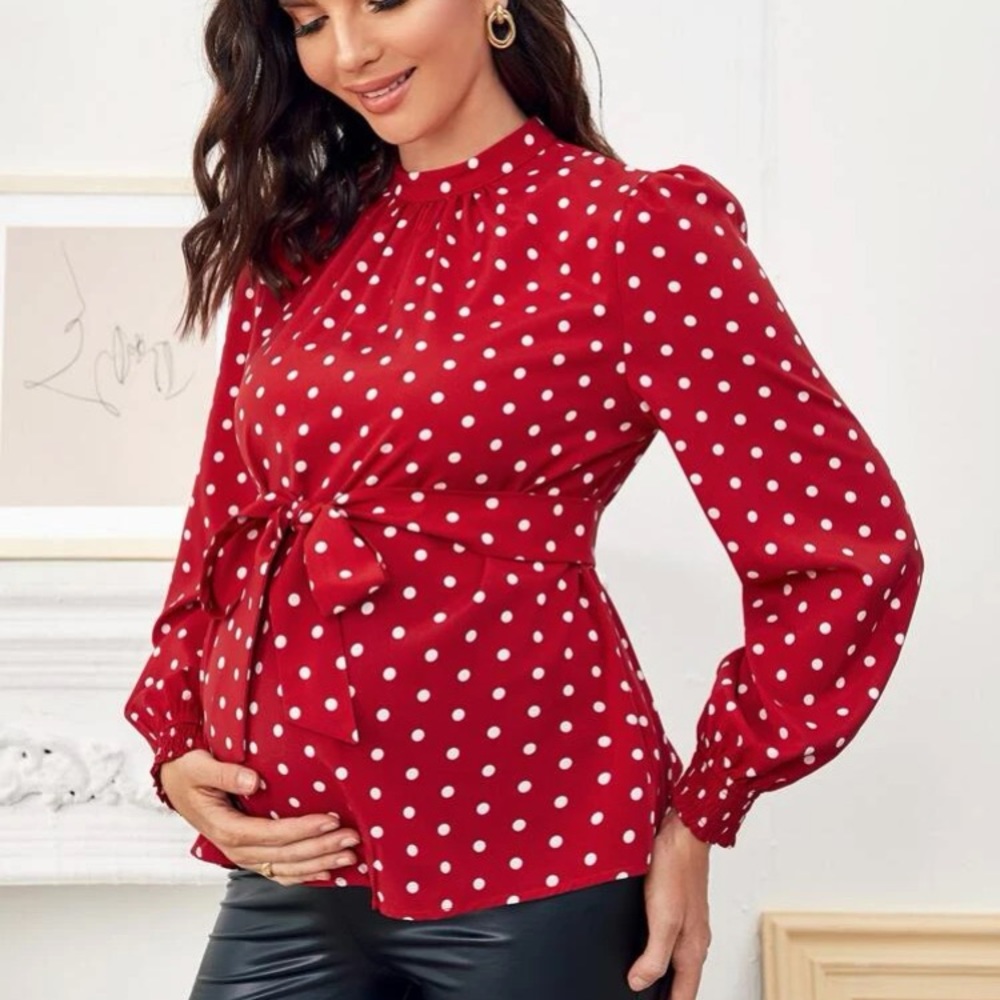 Maternity Lantern Sleeve Belted Polka Dot Top